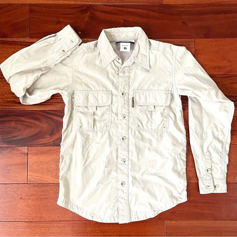 Columbia Omni Dry Long Sleeve Button-down Khaki Camp Hiking Shirt Youth M 10-12